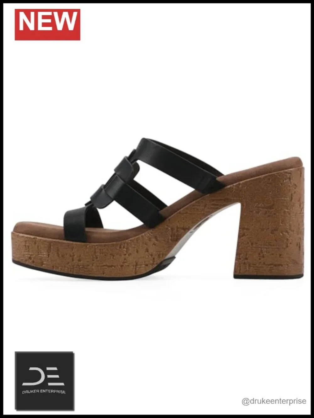Platform Sandals Block Heel Cork Insole PU Square Toe Buckle